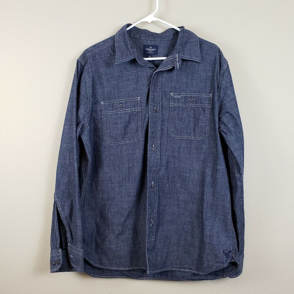 American Eagle Outfitters Mens Blue Long Sleeve Collared Western Shirt Sz Large